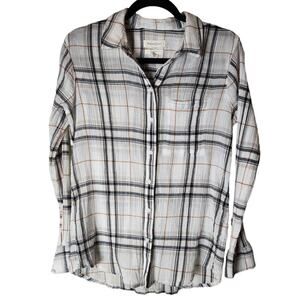 Treasure & Bond Womens Boyfriend Shirt In White Black Plaid Gauzy 100% Cotton XS